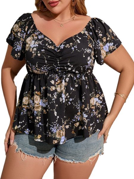

plus floral print ruched peplum blouse m6tu#, Black