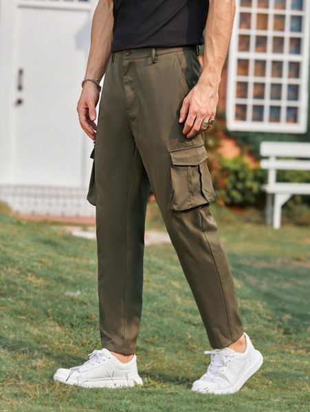 

men solid flap pocket pants w09q#, Black