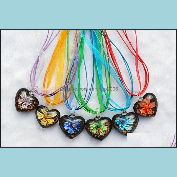 Colares pendentes pingentes jóias moda coração 6 cores lampwork vidro de vidro interno de murano colar partido jóia dhk0n