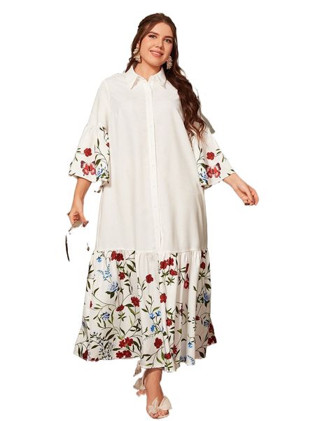 

plus floral and butterfly print bell sleeve dress 94jy#, Black