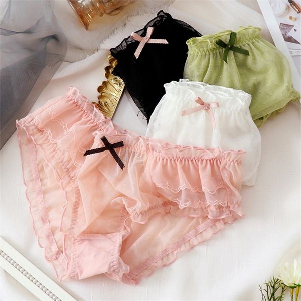 

women lace panties large sizes cute bow ruffle thin transparent mesh underwear for plus size 's 220511, Black;pink
