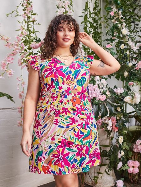 

plus floral print cap sleeve dress r5o2#, Black