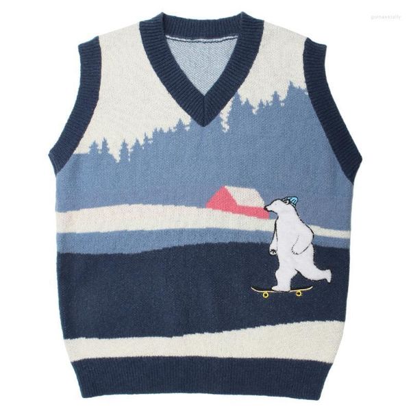 Herrenwesten LACIBLE Männer Harajuku Streetwear Gestrickte Weste Cartoon Eisbär Skateboard Pullover Casual Ärmellose Strickwaren Pullover Tank Guin