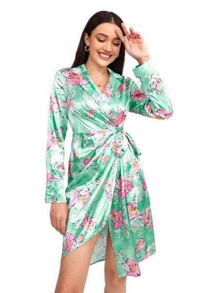 

x lital ofir floral print lapel neck tie side satin wrap dress z4ld#, Black;gray