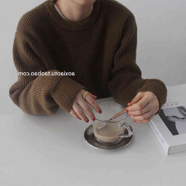 

women's knits & tees homemade autumn and winter thick loose sweater, women's pullover, lazy, wear medium long round neck brown cof, White