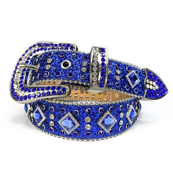 

2021 designer belt for men women shiny diamond belt bling bling rhinestone belt cowboy blue western cross studded leather292b, Black;brown