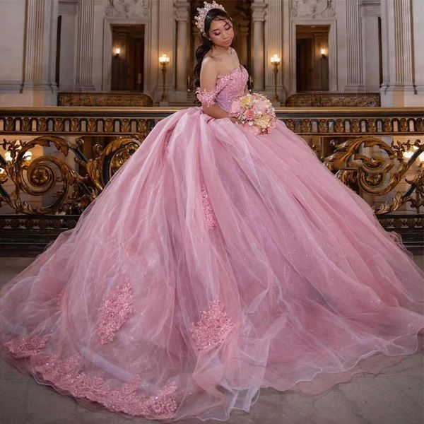 New Pink 2022 Quinceanera Prom Dresses Appliques con Crystal Junior Girls Birthday Party Gowns Glitter Ball Gown 15 Vestido