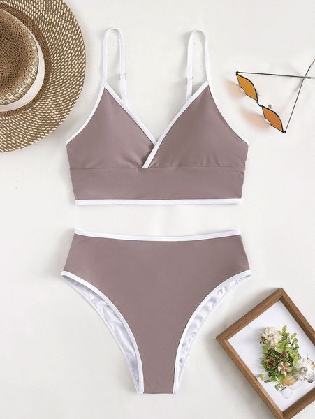 

binding trim high waisted bikini swimsuit 63q3#, White;black