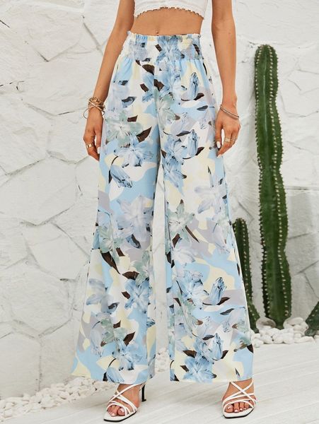 

floral print paperbag waist wide leg pants j384#, Black;white