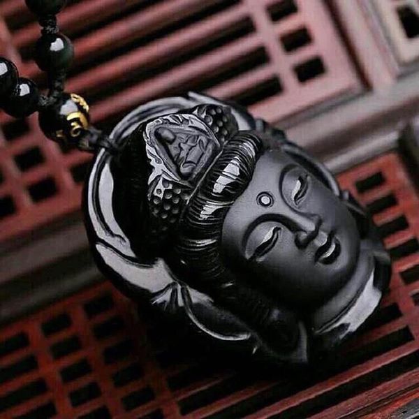 Anhänger Halsketten Natürlicher Obsidian Buddha Anhänger Halskette Handgeschnitztes chinesisches Glücksamulett Schmuck Energie Heilung GeschenkAnhänger