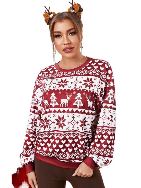 

drop shoulder christmas print pullover a1o0#, Black