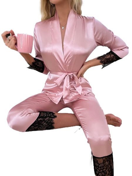 

nina bonheur eyelash lace panel belted pj set m2qb#, Black;red