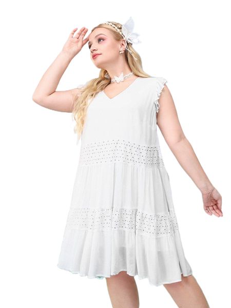 

plus flutter sleeve eyelet embroidered ruffle hem smock dress l7an#, Black