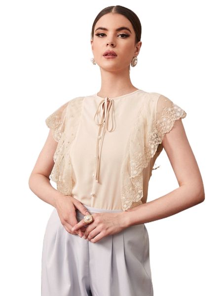 

tie front pearl beaded contrast lace ruffle blouse 47i4#, White