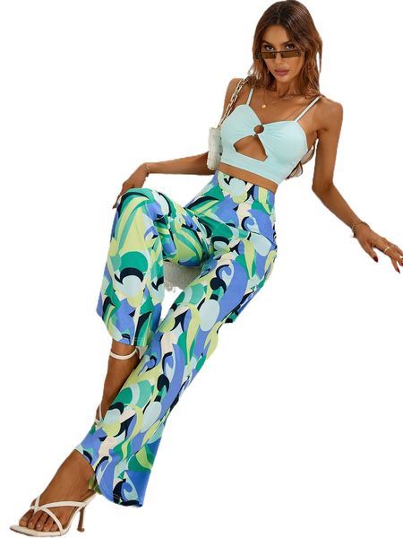 

graphic print wide leg pants l7xr#, Black;white