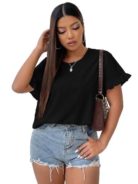 

plus solid flounce sleeve blouse f9ow#, Black