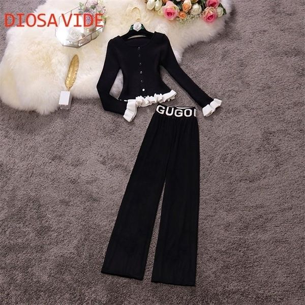 

short hit color single-breasted sweater high-waist velvet wide-leg trousers suit women winter style 220315, White
