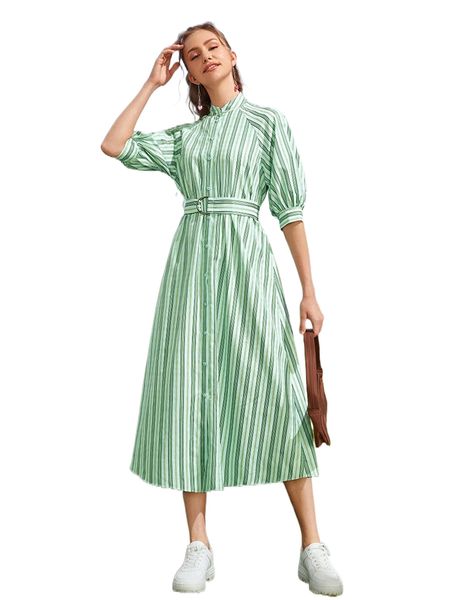 

striped mock neck raglan sleeve belted dress e9fe#, Black;gray