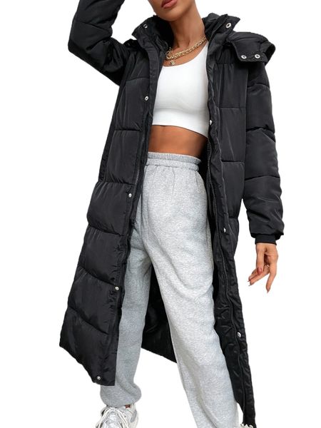 

slant pockets hooded longline puffer coat 37th#, Black