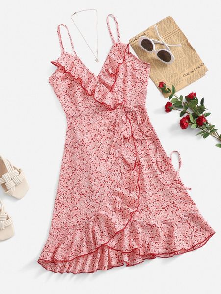 

ruffle trim wrap tie side ditsy floral cami dress h1ey#, Black;gray
