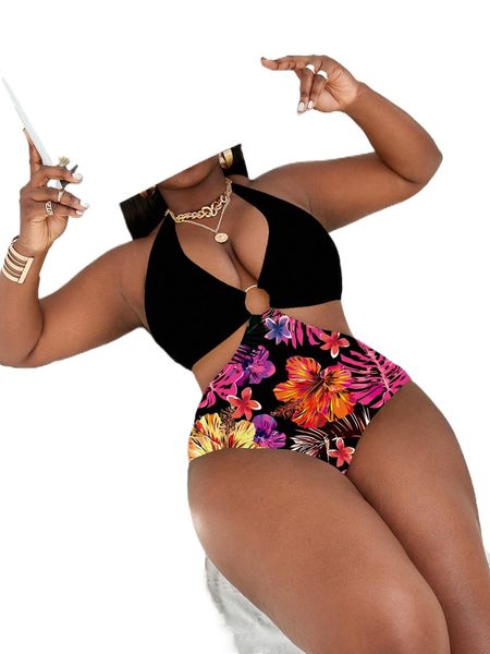 

plus ring linked halter one piece swimsuit c1eh#, White;black