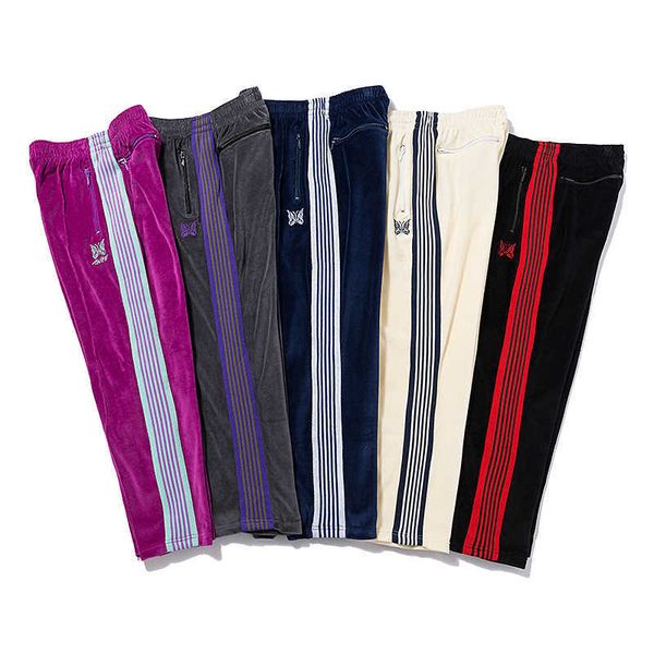 

awge x needles pants men women casual sweatpants narrow velour butterfly embroidery straight trousers man track pant jogger high street, Black