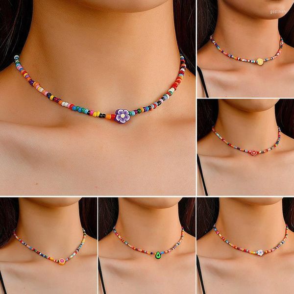 Chokers múltiplos de verão bohemia colorido colares de flores para mulheres colar de argila de argila de argila artesanal GODL22