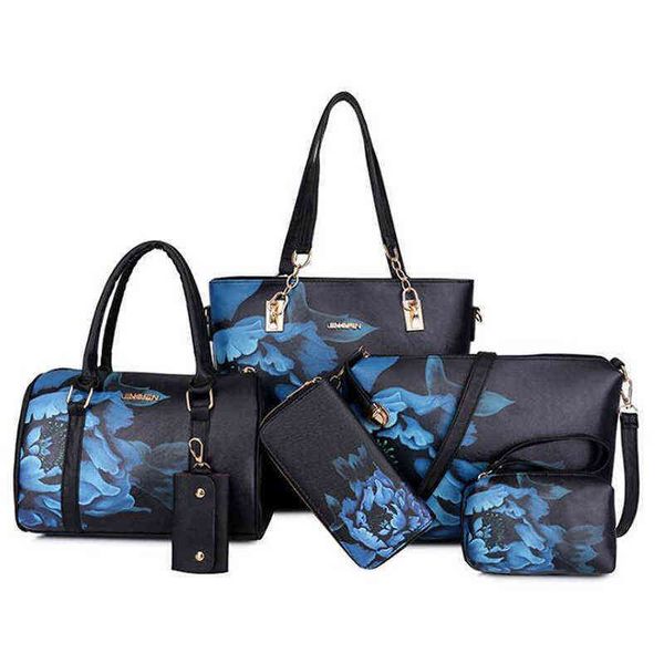 

chinese style floral printing women handbags shoulder bags set female practical composite bag 6 piece set designer brand bolsa g220422