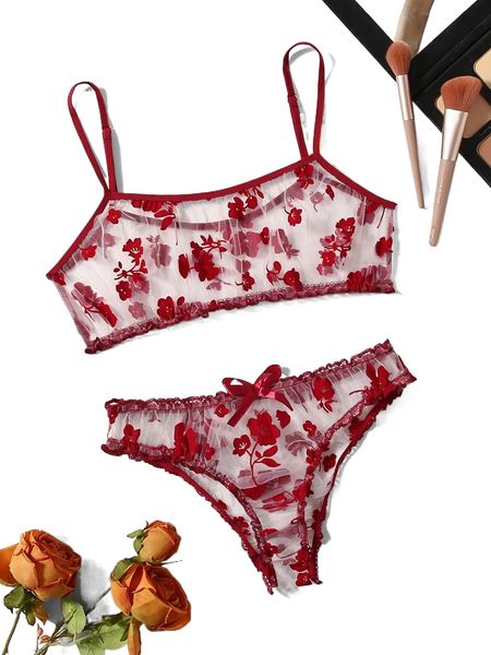 

floral mesh sheer lingerie set 536o#, Black;red
