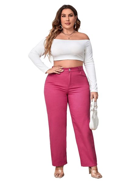 

plus high waist straight leg jeans 949v#, Blue