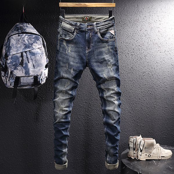 

men's jeans street trend fashion retro designer jeans old blue and black washed frayed scratches slim pants hip hop size28 to 38