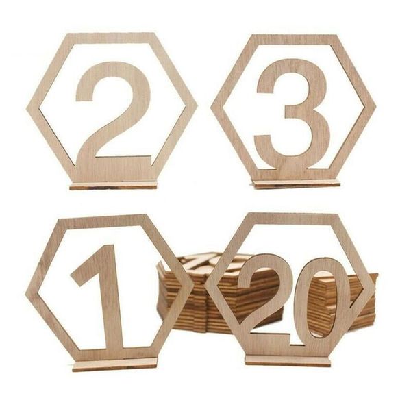 Decorazione per feste 10pc 1-10 / 11-20 Numero Tavolo in legno Piatto Esagonale Hollow Digital Seat Card Bar Cafe NumberParty