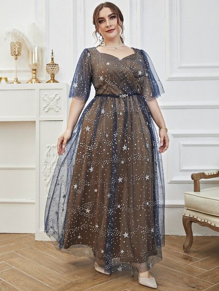 

plus sweetheart neck star mesh maxi dress n3y6#, Black