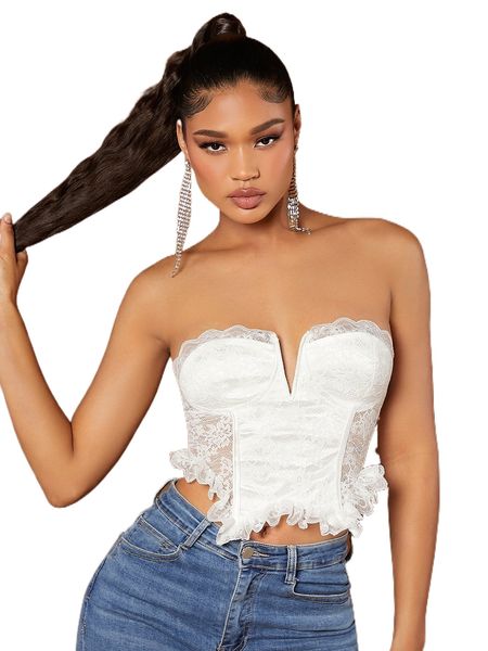 

bae notched detail ruffle trim bustier crop lace tube 80ph#, White