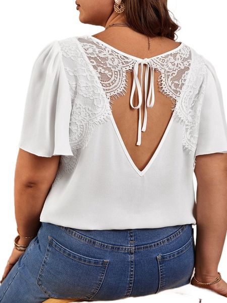 

frenchy plus contrast lace tie back blouse a8ec#, Black