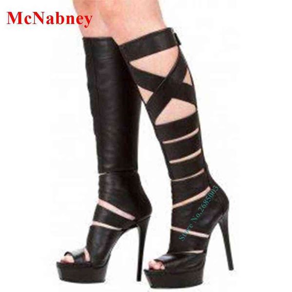 

cut outs peep toe platform boots stiletto high heel knee high cross tied back zipper lady party dress sandals boot summer spring 220514, Black