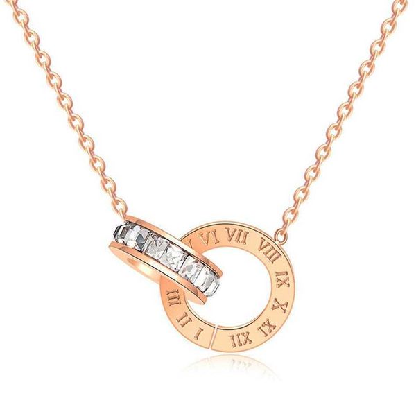 Дизайнерские роскошные украшения для женщин Розовое золото Цвет Двойной кольца Ожерелье Титановое стальное хрустальное бриллиантовые серьги римские цифры2202