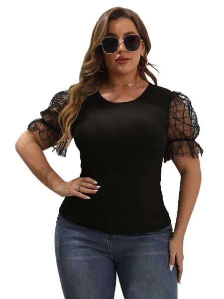 

plus contrast plaid mesh puff sleeve tee t5kd#, Black
