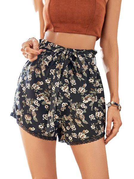 

floral print lace trim shorts l5hv#, White;black