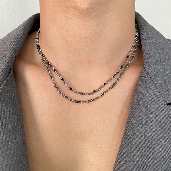 

double necklace men's niche design retro simple epoxy green slim clavicle chain fashion versatile jewelry accessories, Silver