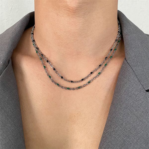 Doppia collana da uomo design di nicchia retrò semplice resina epossidica verde sottile catena clavicola moda accessori gioielli versatili