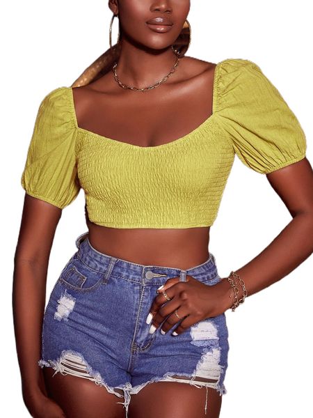 

solid shirred crop puff sleeve blouse j3pd#, White