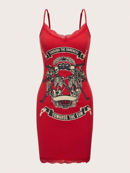 

skeleton & slogan graphic bodycon dress m2kb#, Black;gray