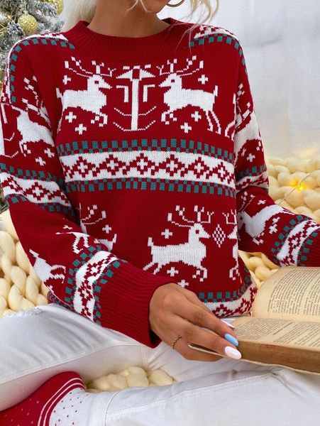 

deer and geo pattern drop shoulder sweater o6i1#, White;black