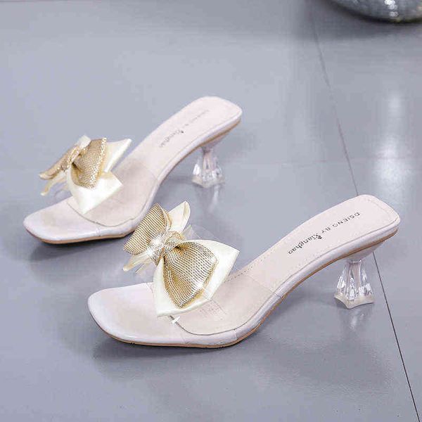 

2022 summer new british style square toe bow stiletto slippers female transparent crystal fashion high heels slippers women pu, Black