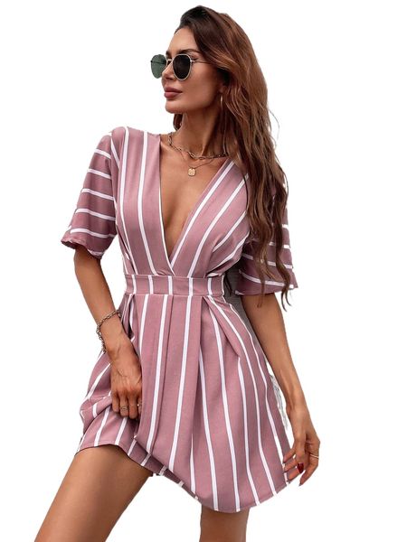 

striped plunging neck fold pleated detail dress m3qs#, Black;gray