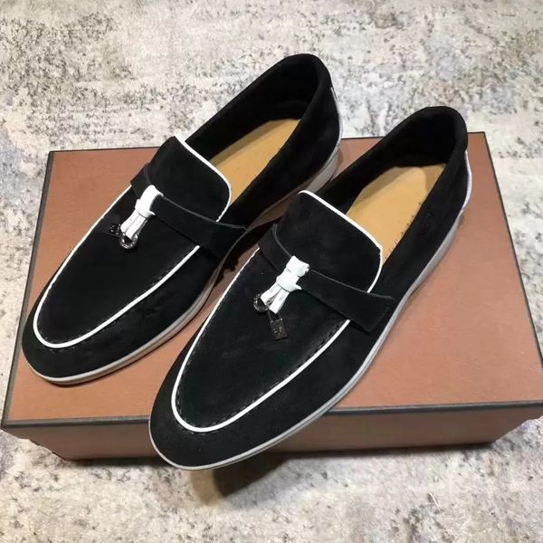 

new season suede leather mens loro walk shoes luxury sneakers nubuck lock designer flats slip-on dress shoe large size 45 46, Black