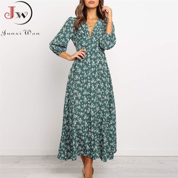 

women chiffon long dress floral print lantern sleeve a line maxi vestidos autumn new elegant vintage v neck winter dresses 210322, Black;gray