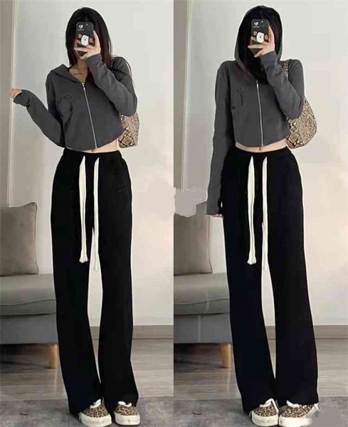 

lo yiwei long belt drawcord solid color loose wide leg embroidered casual pants men's and women's sports straight 3rcp, Black;white
