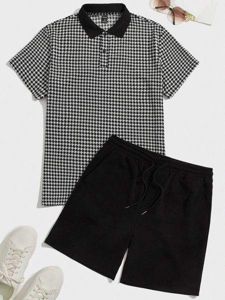

men houndstooth print contrast collar tee & drawstring waist track shorts 215t#, Gray